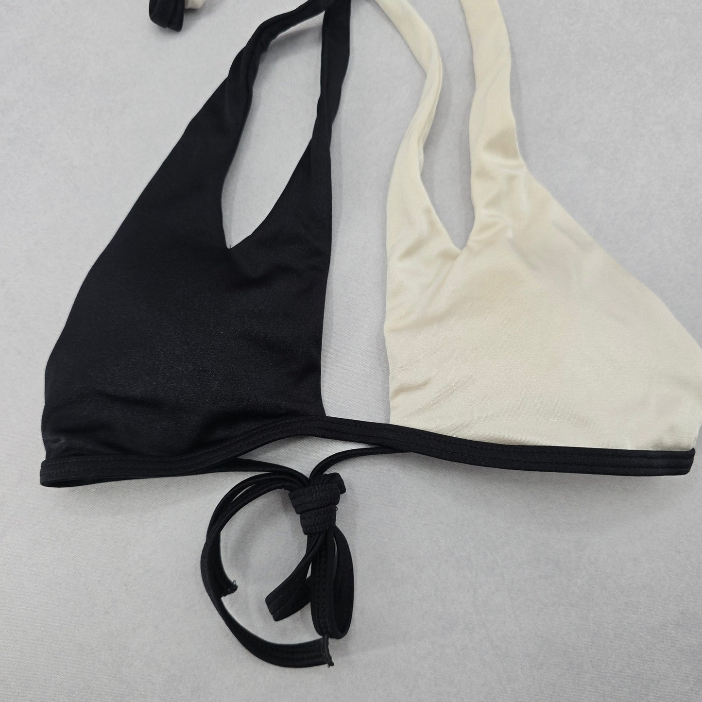 Black White Crisscross Halter Tie Padded Bikini Bralette Swim Top S Small