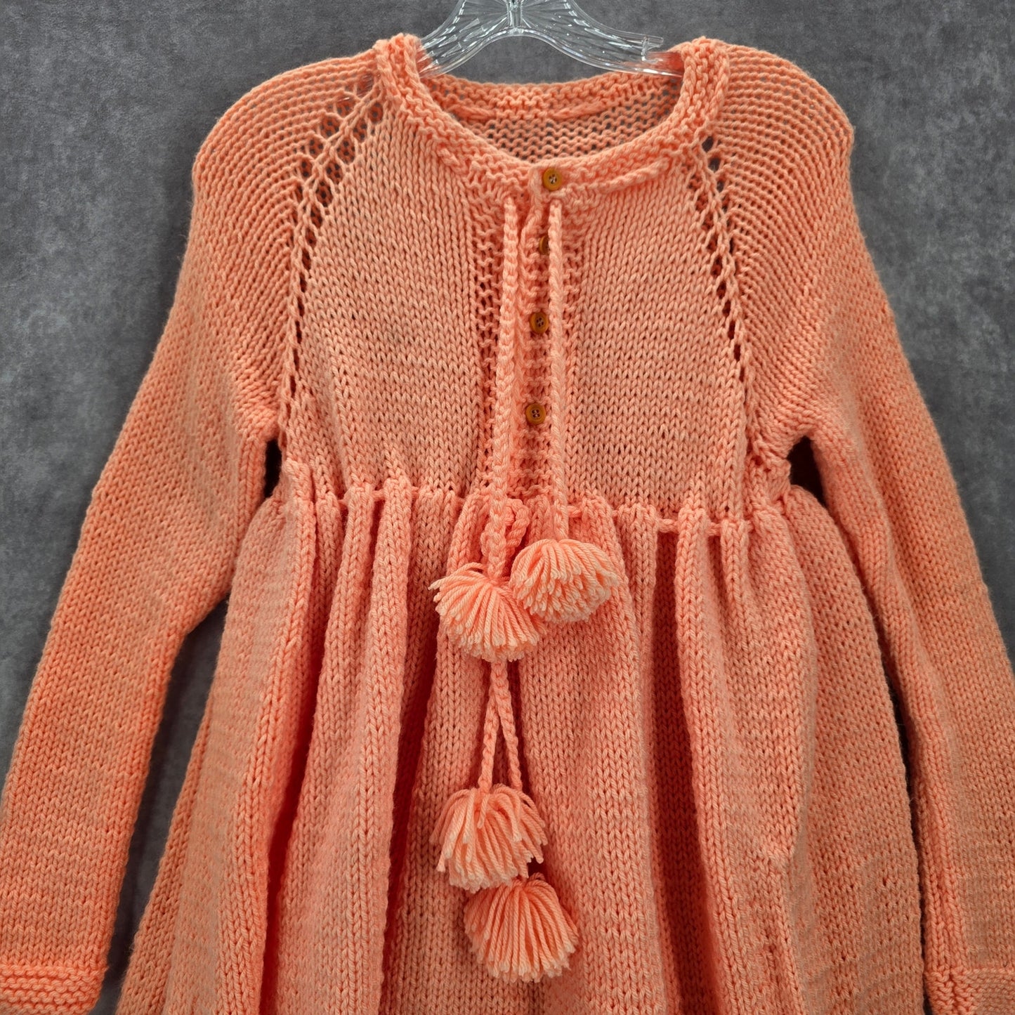 Orange Knit Button Up Tassel Handmade Flare Long Sleeve Girls Dress M Medium