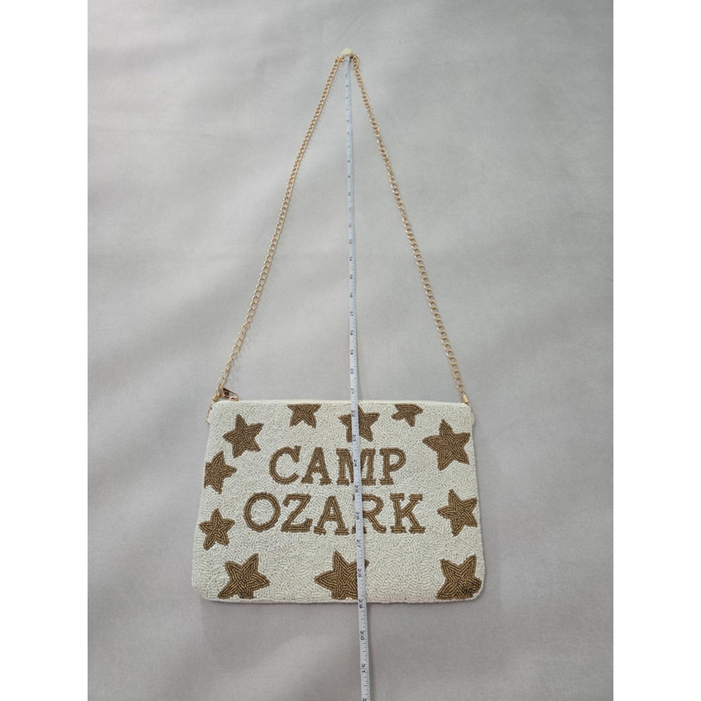 Camp Ozark Beaded Stars White Brown Clutch Gold Chain Strap Shoulder Purse Bag