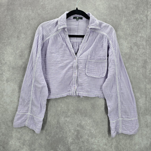 7 for all Mankind Purple Long Sleeve Stitched Crop Button Cotton Top Medium