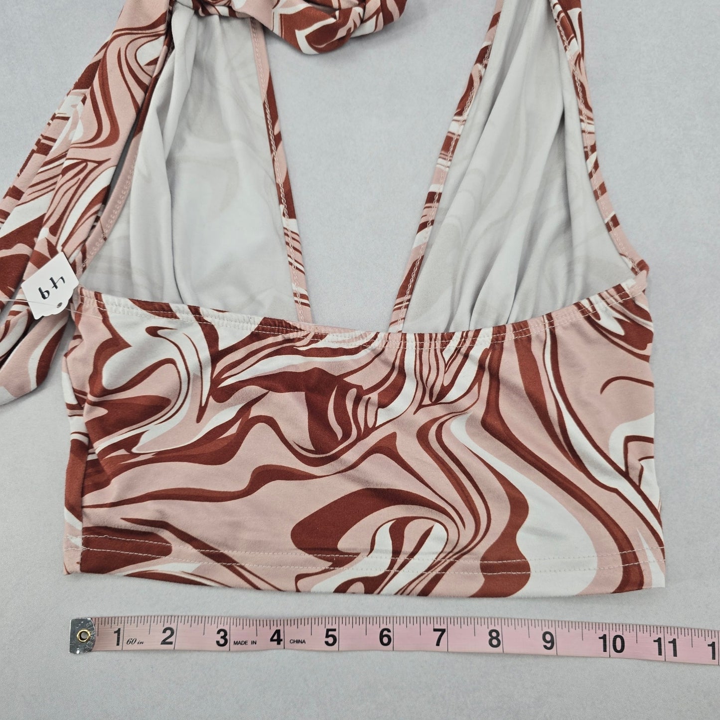 Brown Swirl Beach Boho Halter Tie Crop Short Bikini Bralette Swim Top S Small