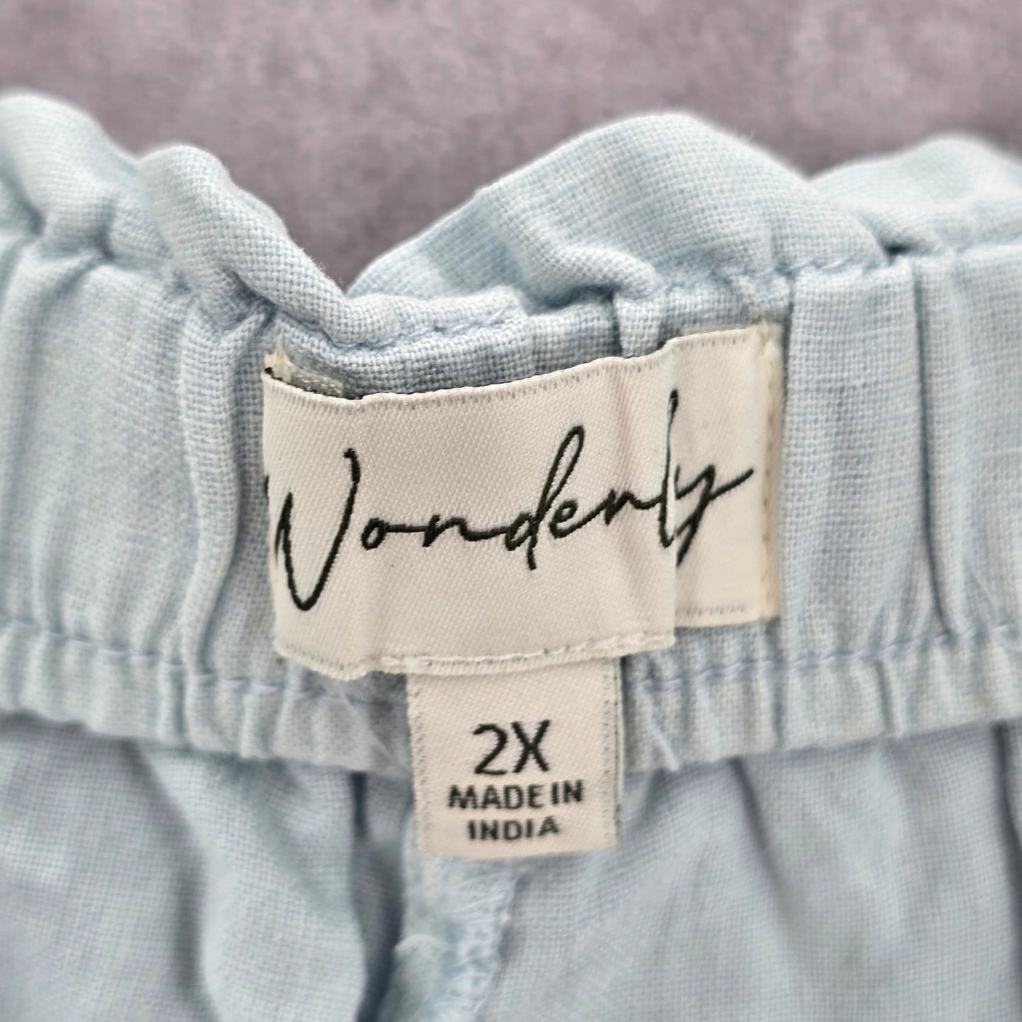 Wonderly Blue Pullon Ruffle Linen Relaxed Pants Shorts Plus 2X