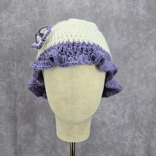 Vintage Y2K Crochet Festival Kawaii Purple White Knit Beanie Floral Funky Hat