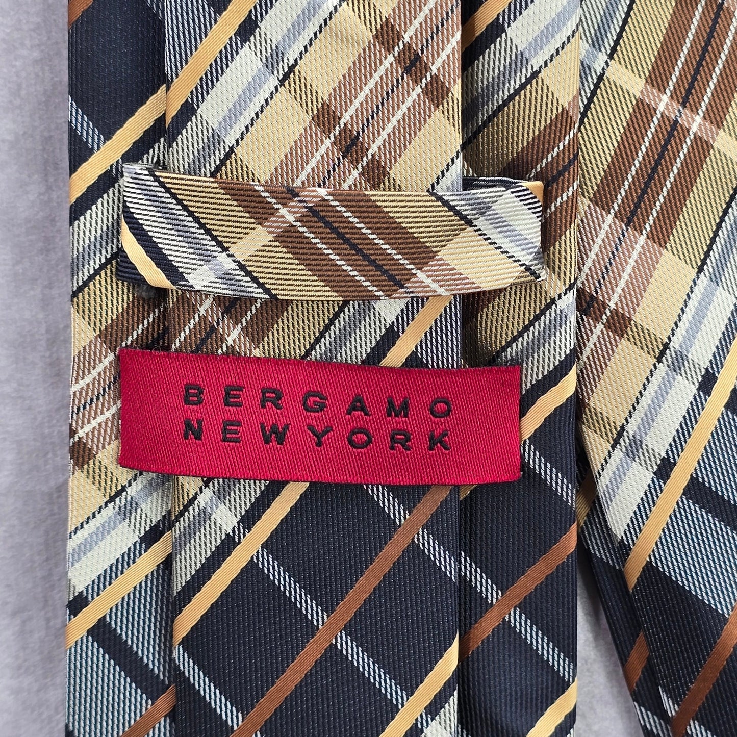 Bergamo New York Black Gold Plaid Stripe Tartan 100% Poly Men's Neck Tie NWOT
