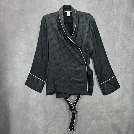 Victoria's Secrets Black Wrap Pajama Top Sleep Logo Tie White Trim L Large