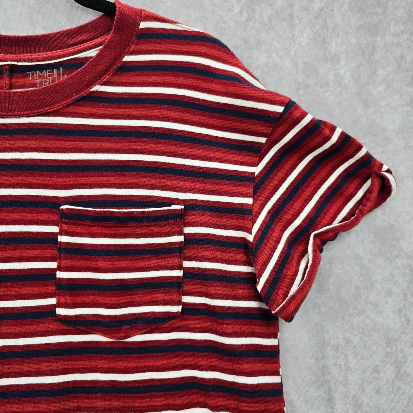 Time and Tru Red Stripe Short Sleeve Cotton Knee Length Pocket Dress Large