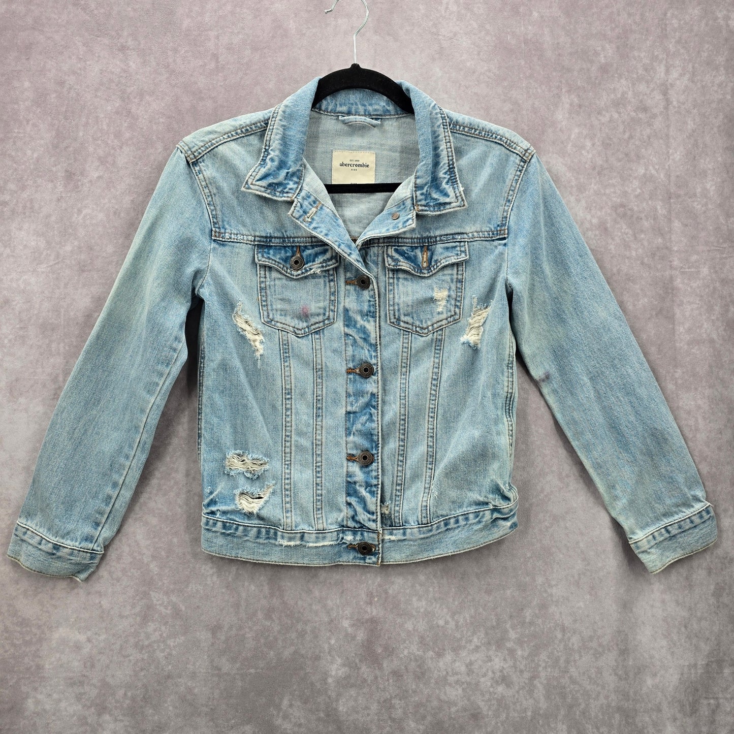 Abercrombie Kids Blue Distress Demin Jeans Button Long Sleeve Jacket Small 10