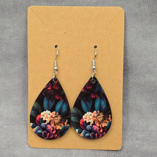 Black Teardrop Hook Floral Handmade Earrings JB1E4