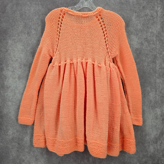 Orange Knit Button Up Tassel Handmade Flare Long Sleeve Girls Dress M Medium