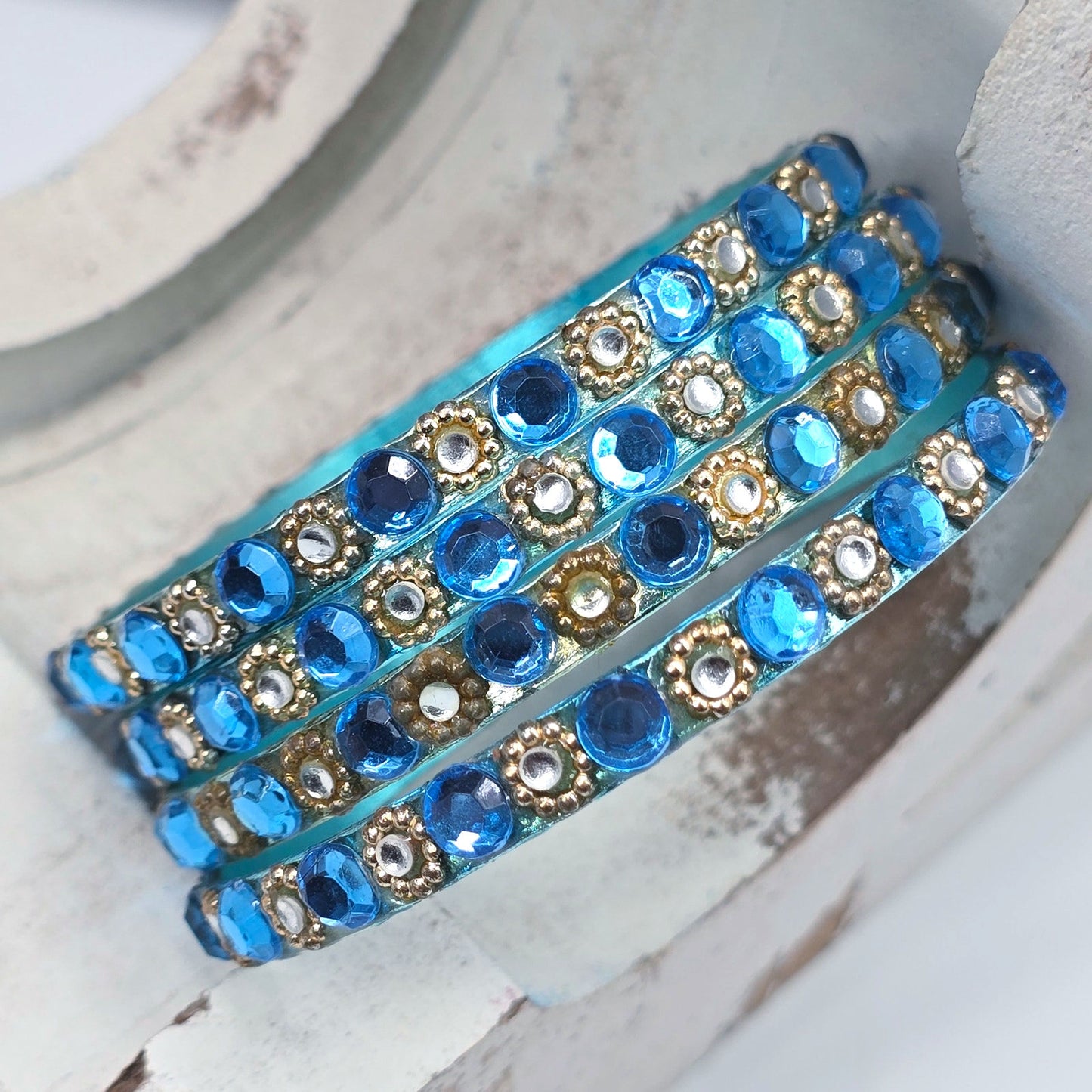 Blue Gold Floral Rhinestone Gems Set of 4 Bracelets Fashion Jewelry NWOT JB4-2