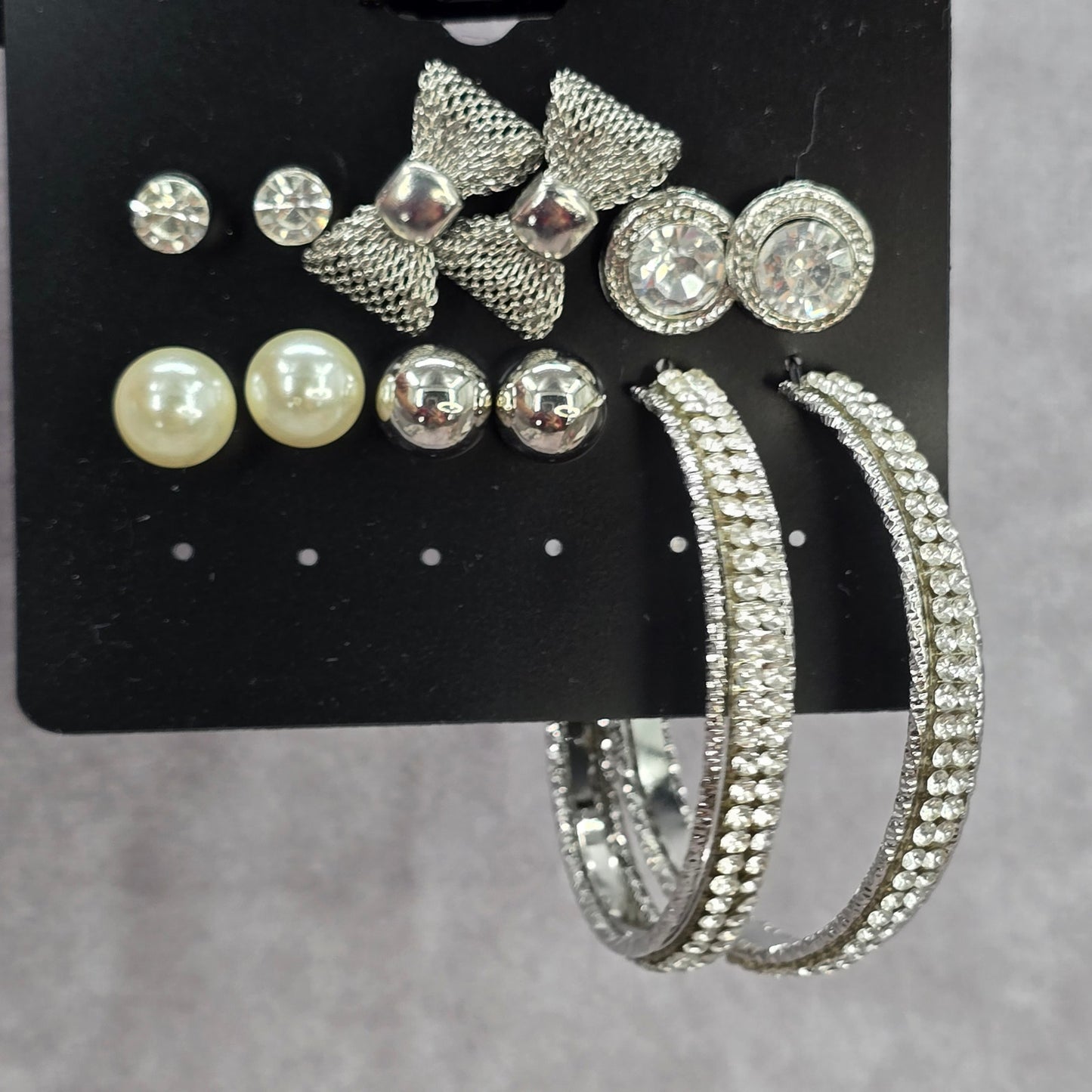 Silver Bow Hoop Stud Rhinestone Pearl Dangle Fashion Jewelry Earrings NWT JB2-76