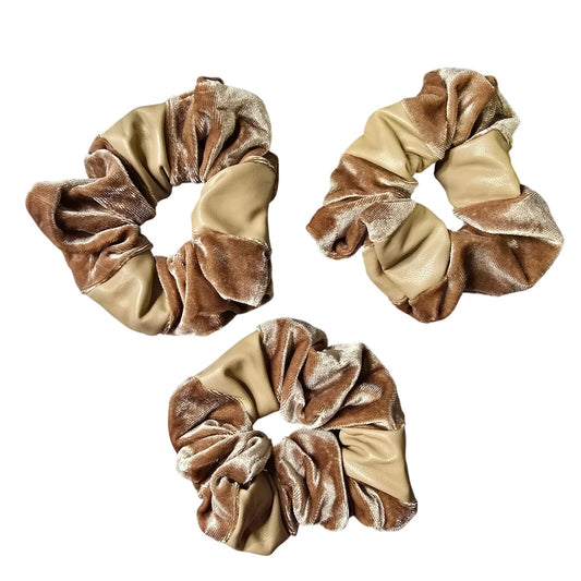 Brown Cream Faux Leather Hair Tie Accessories Scrunchie Handmade SB31