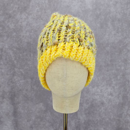 Yellow White Crochet Knit Bucket Cap Hat Fun Vintage Y2K Funky Beanie