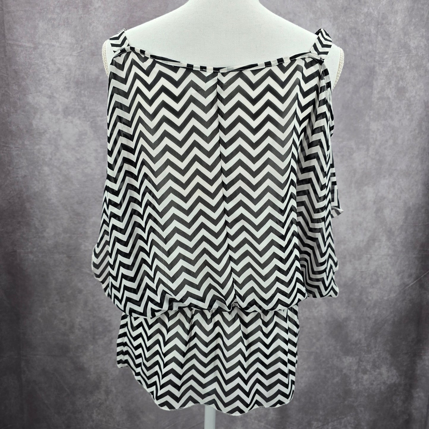 Studio Y Back White Chevron Beaded Sheer Cut Out Cold Shoulder Top XS