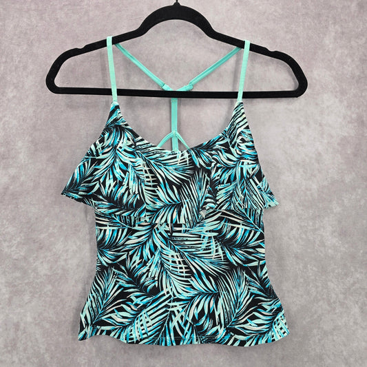 Blue Floral Tropical Ruffle Padded Straps Racerback Swimwear Tankini Top S Small