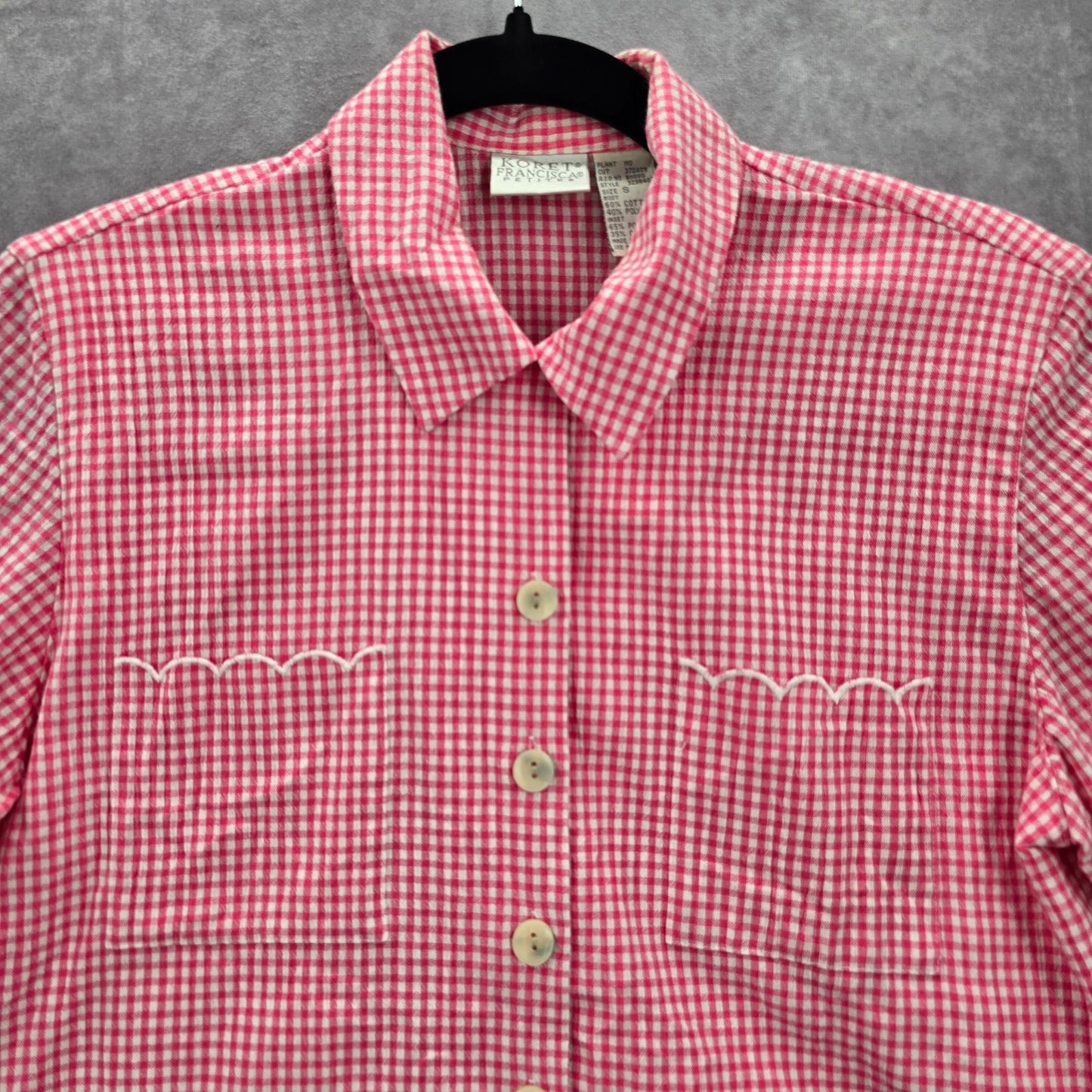 Koret Pink Plaid Short Button VTG Y2K Scallop Embroidered Floral Top Shirt