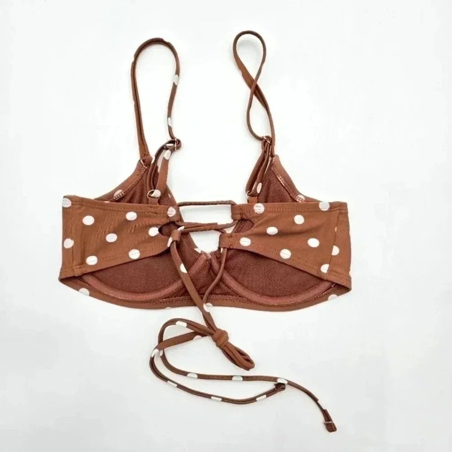 Time and Tru Brown Polka Dots Padded Adjustable Strap Bikini Top Swimwear Small