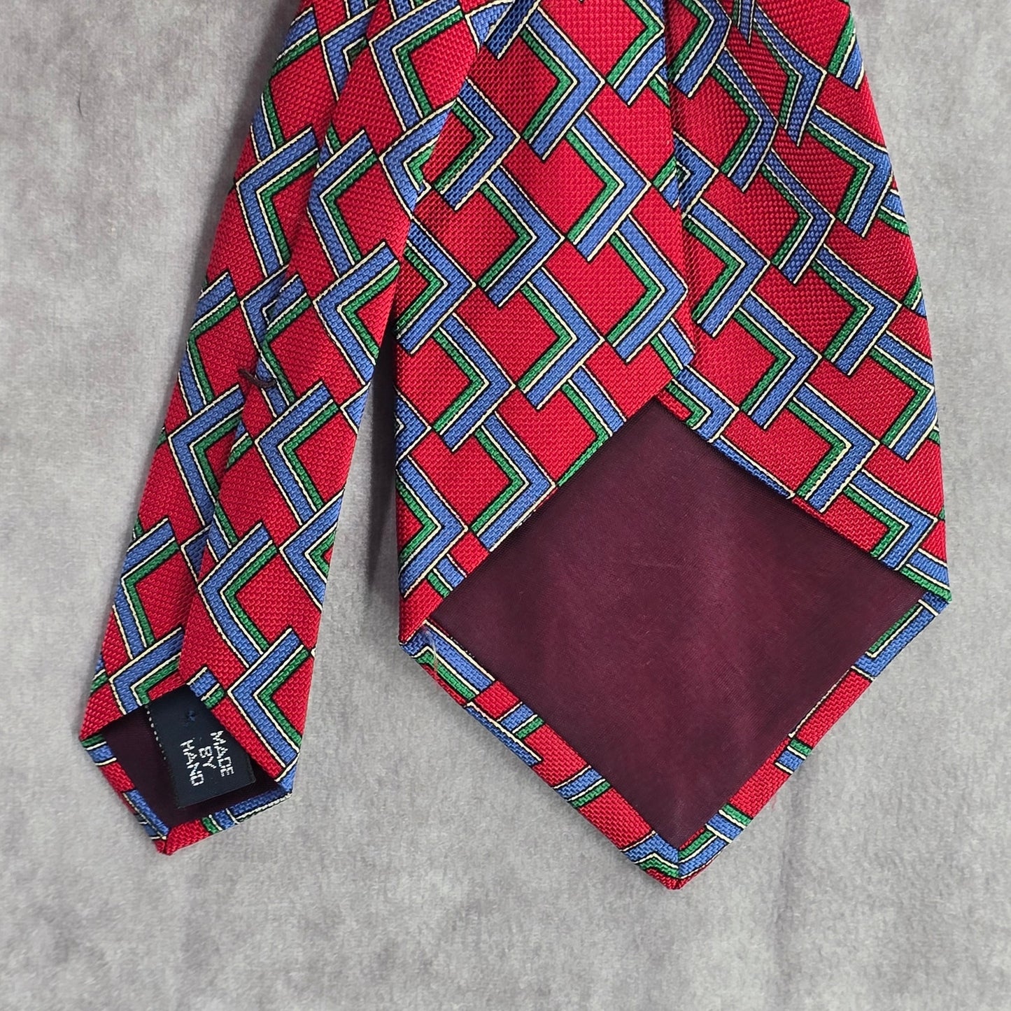Polo By Ralph Lauren Red Blue Geometric 100% Silk Handmade Men's Neck Tie