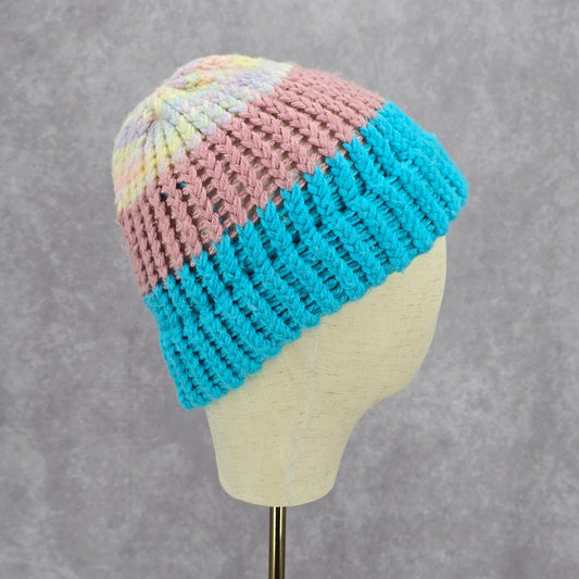 Blue Pink Crochet Knit Bucket Cap Hat Fun Vintage Y2K Funky Beanie