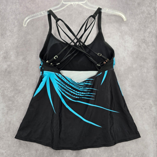 Black Blue Leaf Padded Straps Swimwear Tankini Tank Top Medium M