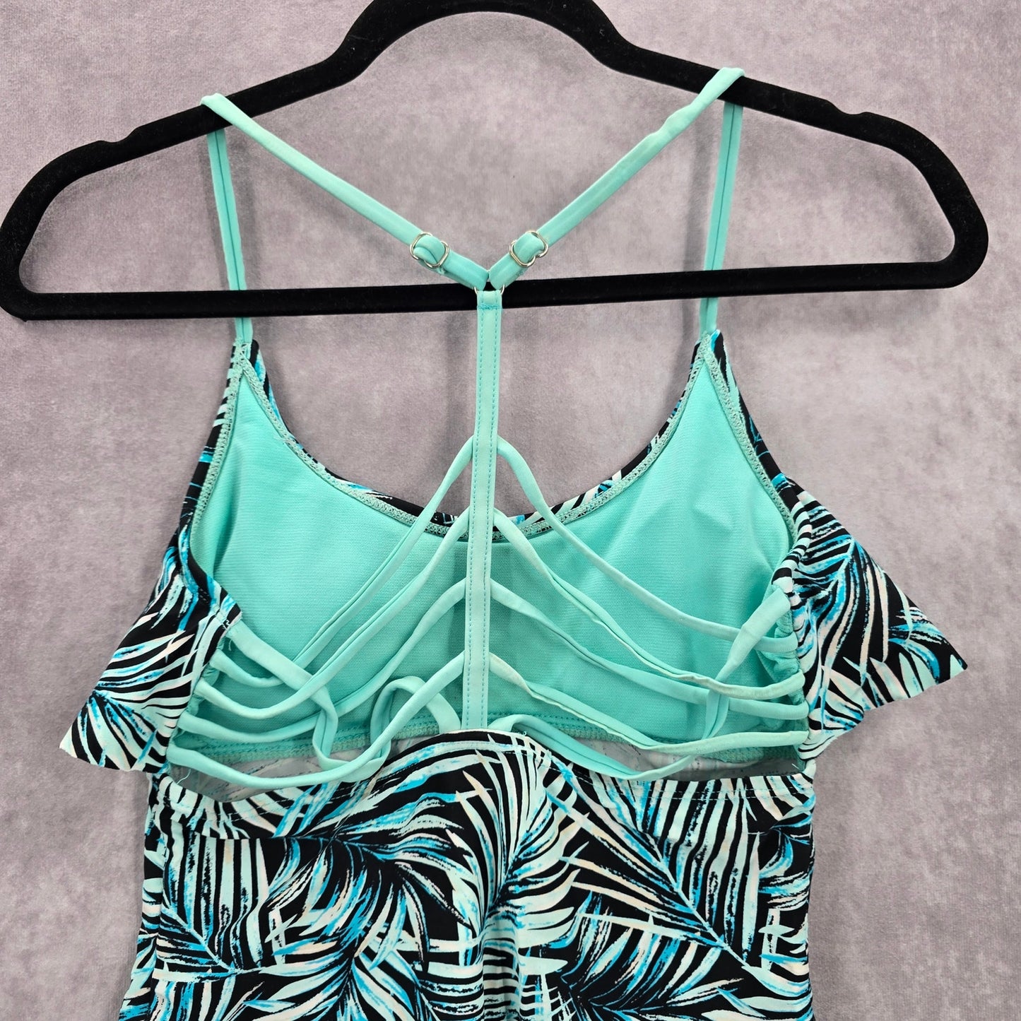 Blue Floral Tropical Ruffle Padded Straps Racerback Swimwear Tankini Top S Small