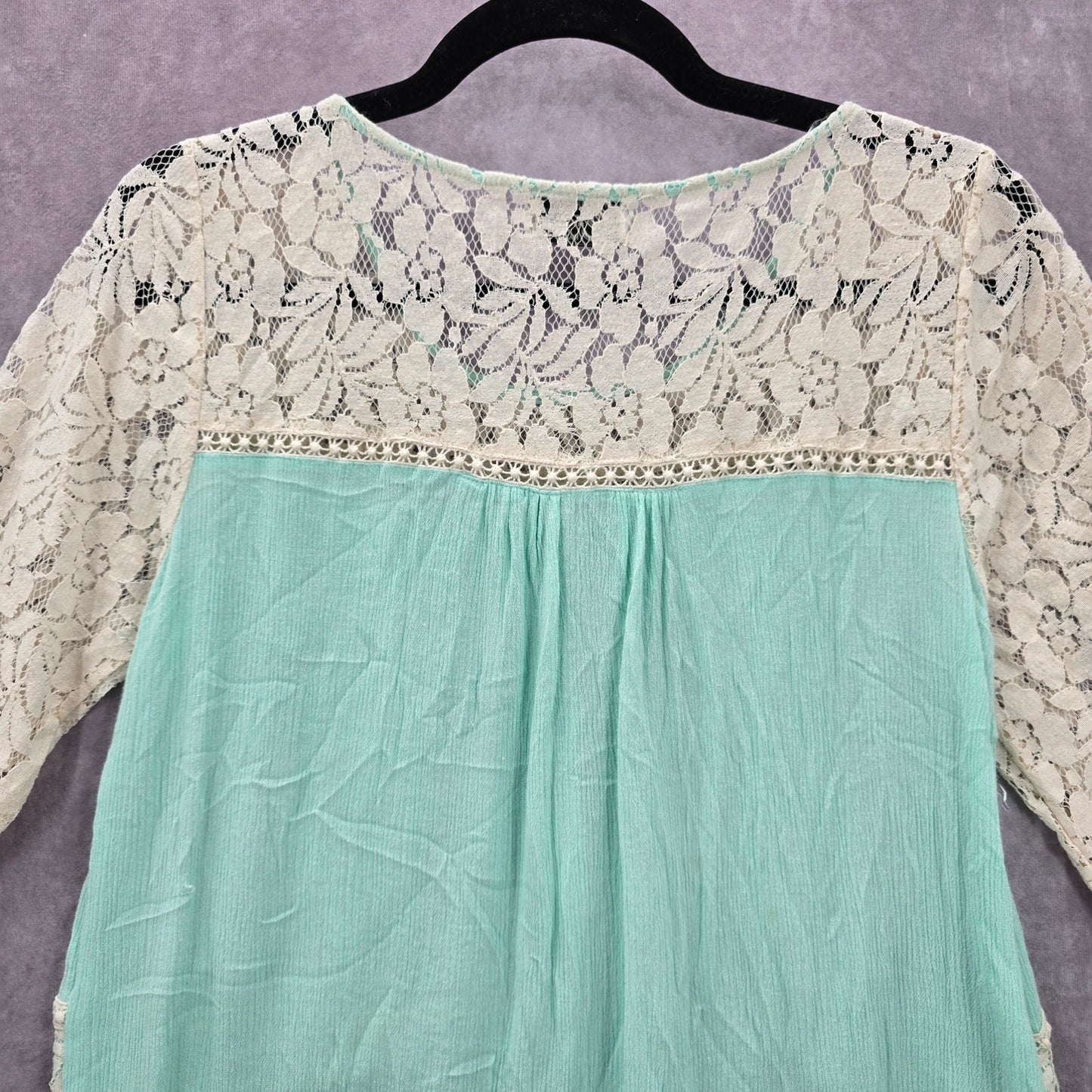 Christian Caliendo Mint Green White Lace Boho Shirt Top Blouse Small