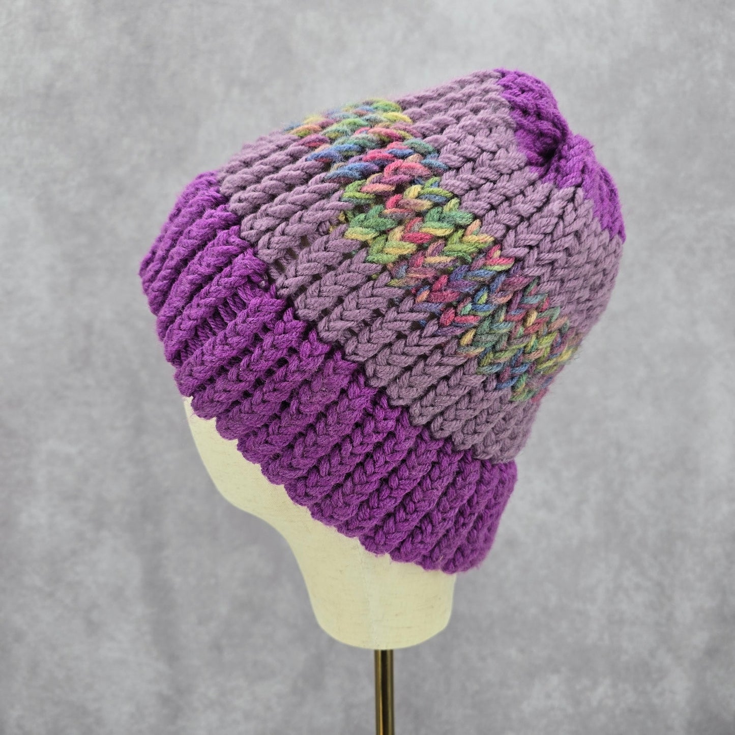 Purple Multi Color Crochet Knit Bucket Cap Hat Fun VTG Y2K Funky Beanie