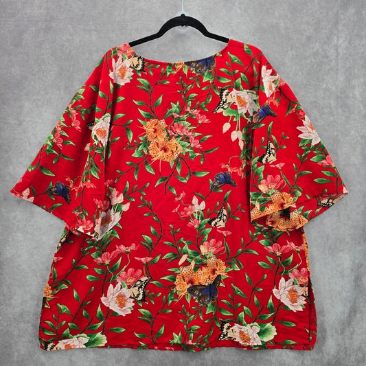 Avon Red Floral Butterfly Print Short Sleeve Top Plus 18W-20W 1X