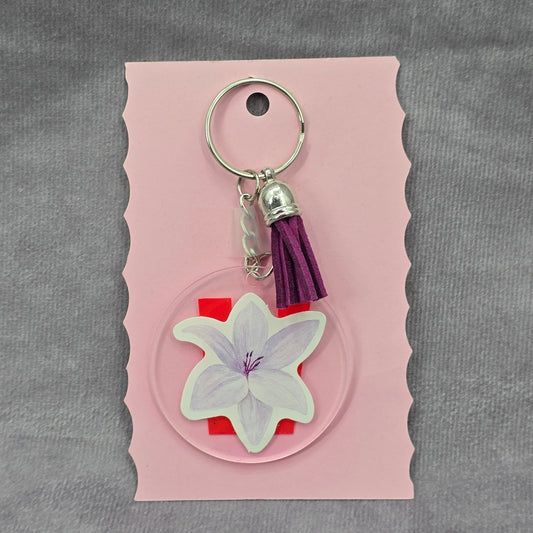 Letter Keychain Clear Silver Circle Handmade Acrylic Tassel Flower W Purple
