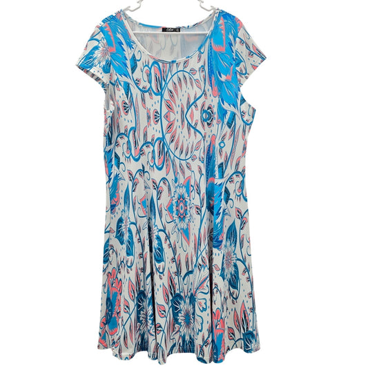 Lily By Firmiana White Blue Floral Short Sleeve Knee Length Dress Plus 1XL