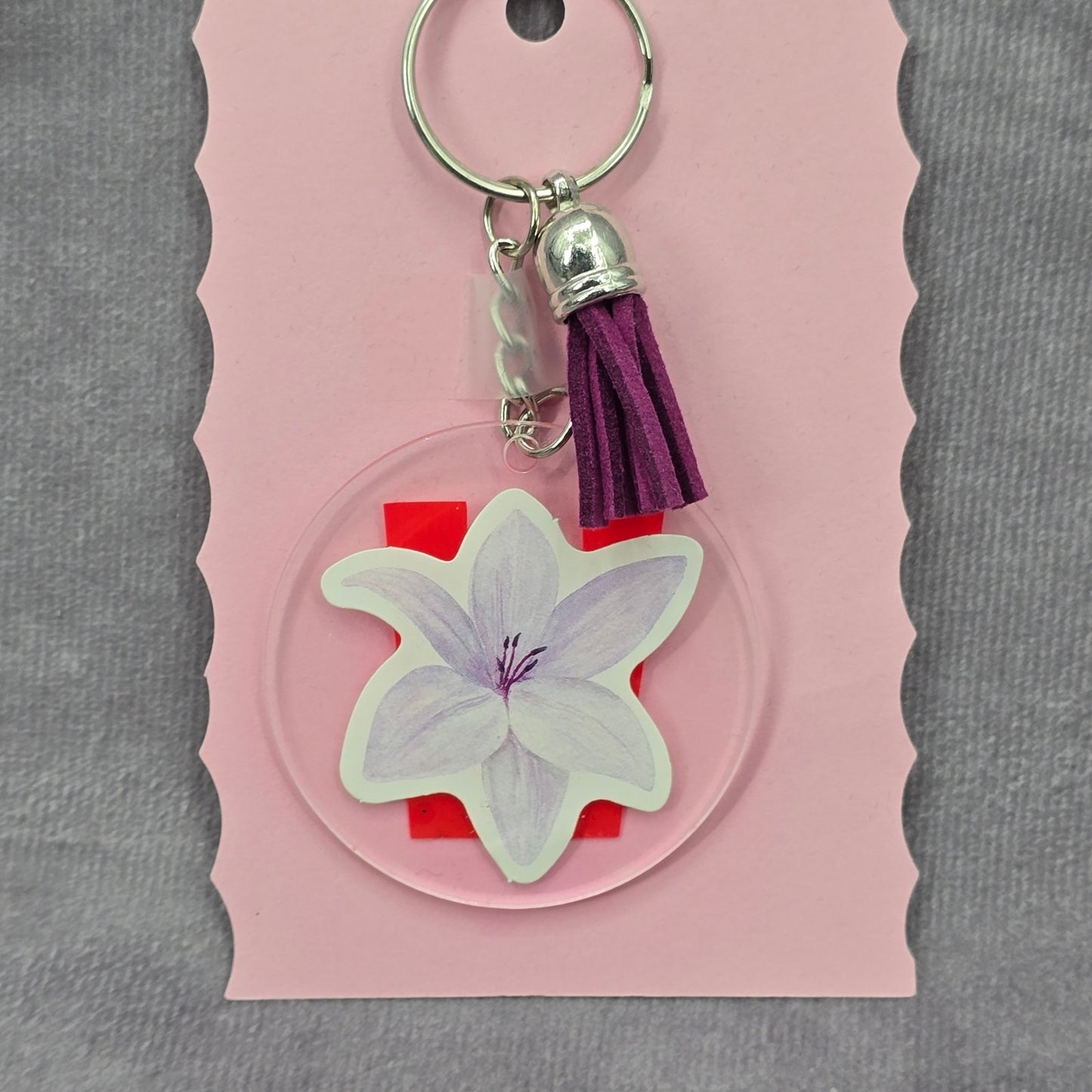 Letter Keychain Clear Silver Circle Handmade Acrylic Tassel Flower W Purple