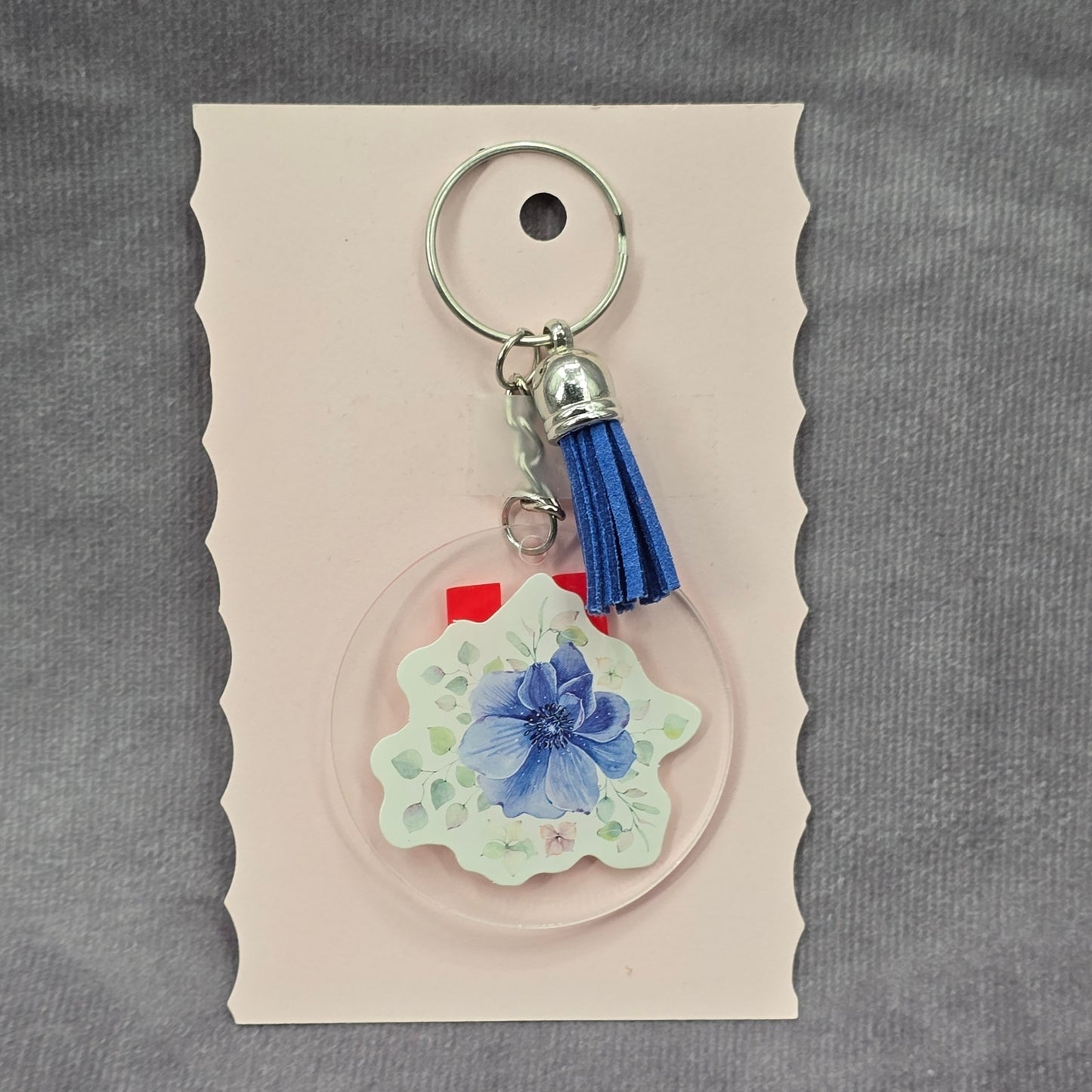 Letter Keychain Clear Silver Circle Handmade Acrylic Tassel Flower U Blue