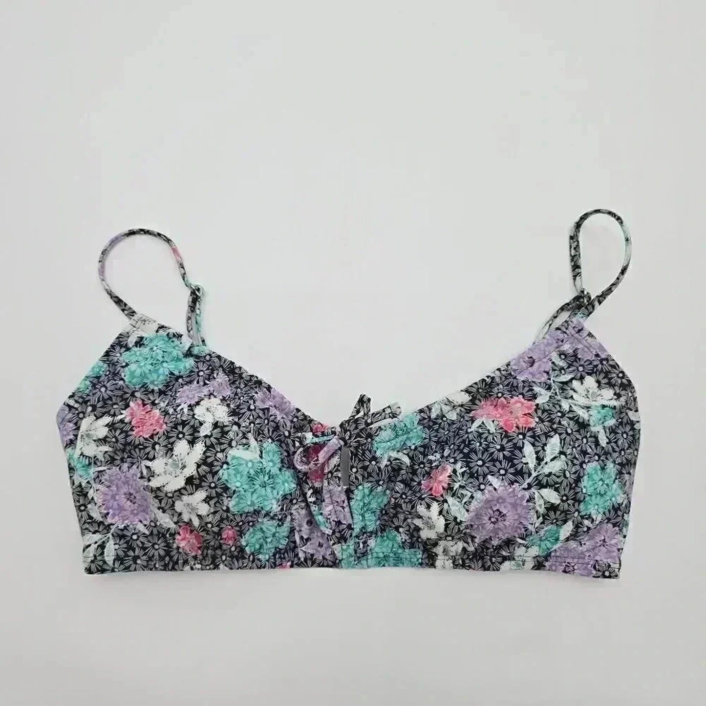 Time and Tru Black Floral Padded Adjustable Strap Bikini Top Swimwear Small
