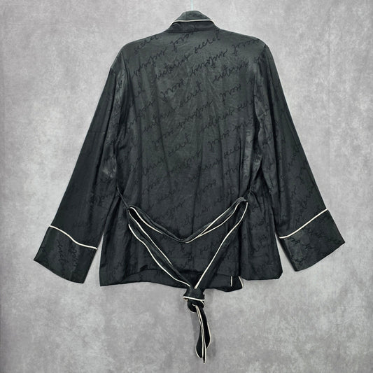 Victoria's Secrets Black Wrap Pajama Top Sleep Logo Tie White Trim L Large