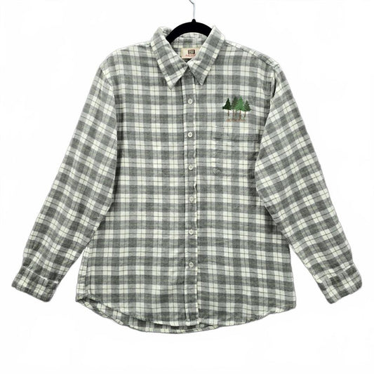 Faded Glory Gray Plaid Stripe Long Sleeve Flannel Button Up Top Shirt Medium