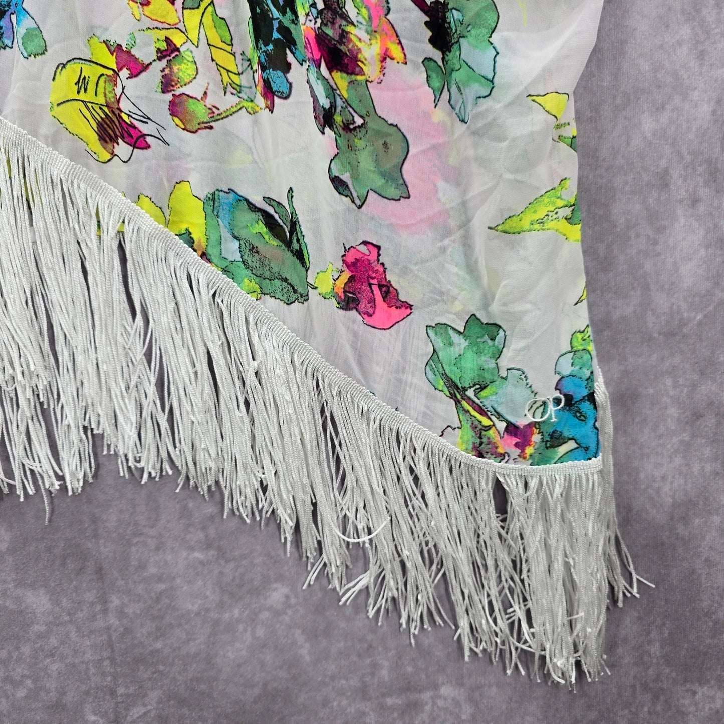 OP White Floral Fringe Boho Beach Swim Cover Up Duster Kimono XL Extra Large