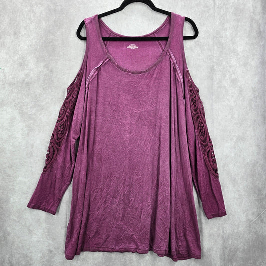 Purple Lace Off Shoulder Boho Western Y2K Long Blouse Top Shirt Plus 1X