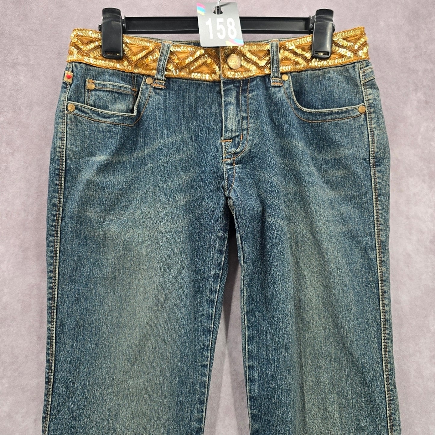 158. XOXO Blue Straight Bootcut Flare Gold Sequin Denim Pants Jeans 7/8