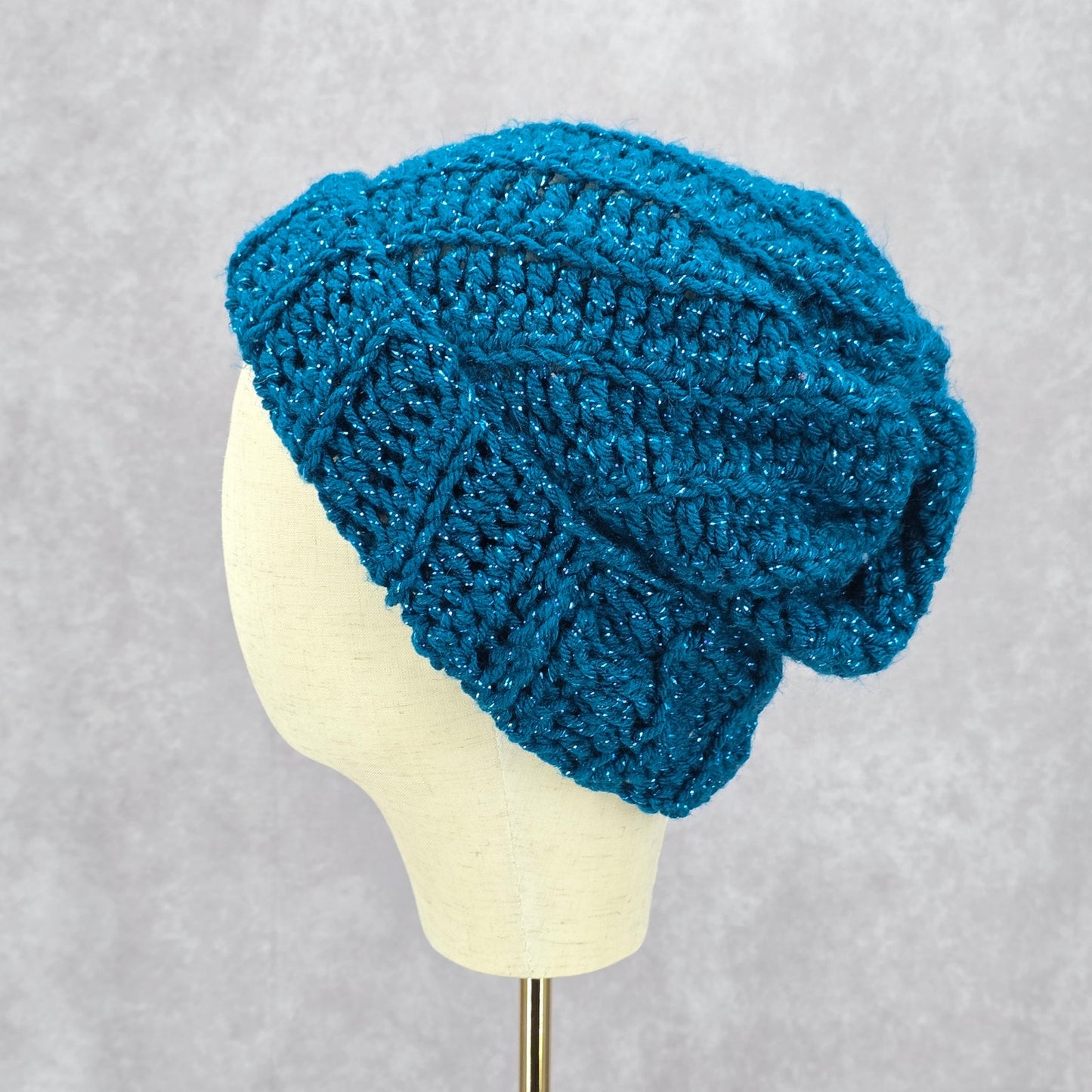 Blue Metallic Crochet Knit Bucket Cap Hat Fun Vintage Y2K Funky Beanie