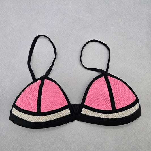 Black Pink Mesh Boho Triangle Padded Swim Sports Bra Beach Bikini Top M Medium