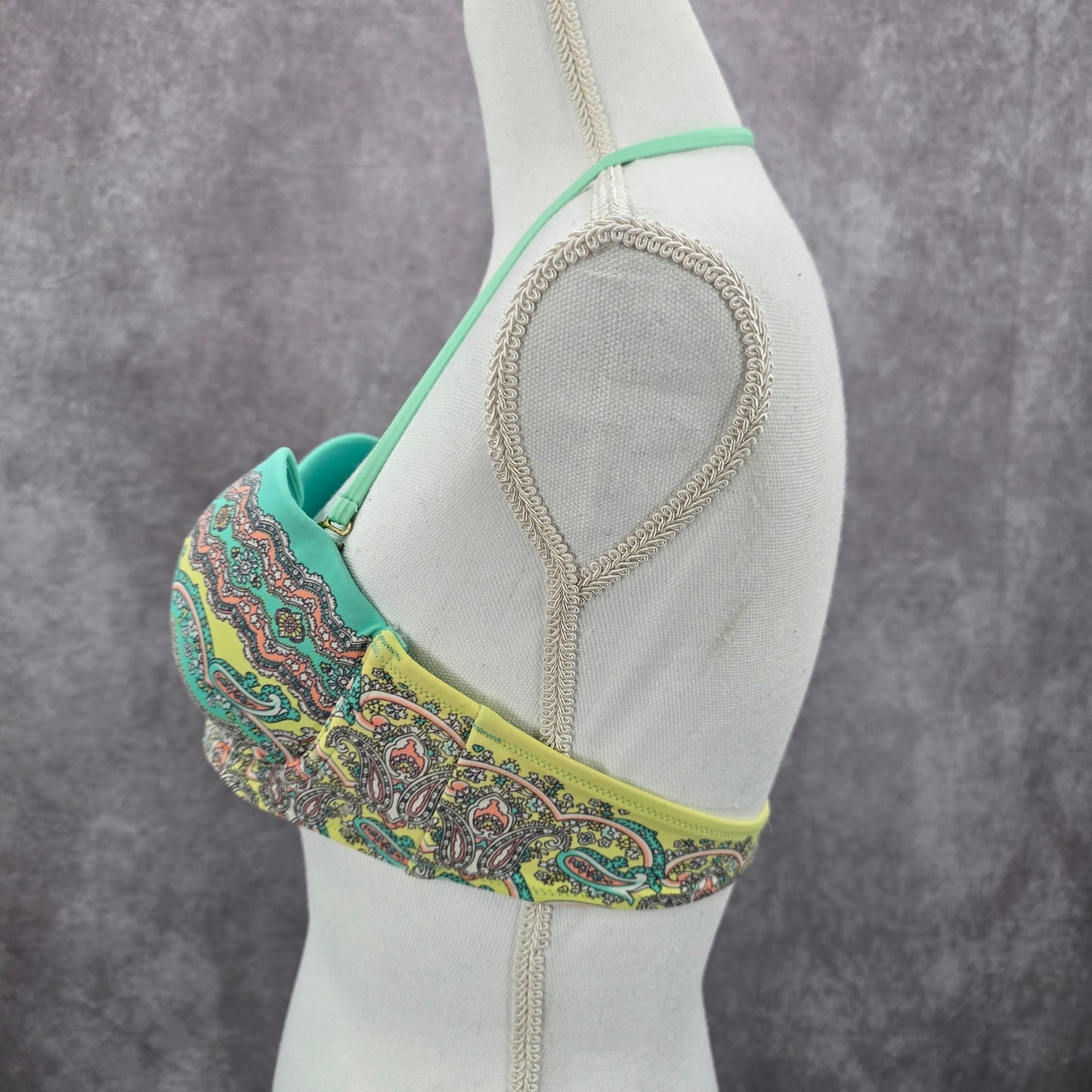Victoria's Secret Green Floral Paisley Padded Bikini Top Halter Swimwear 36B