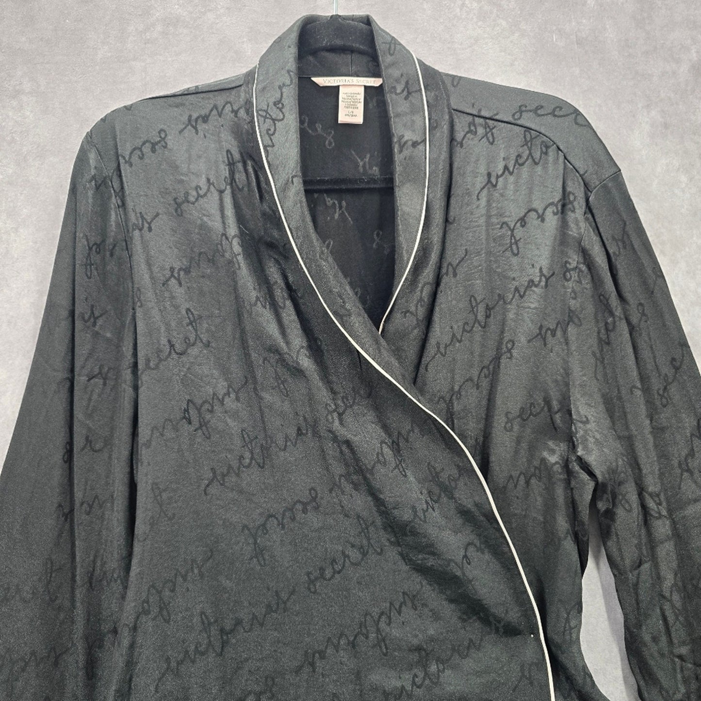 Victoria's Secrets Black Wrap Pajama Top Sleep Logo Tie White Trim L Large