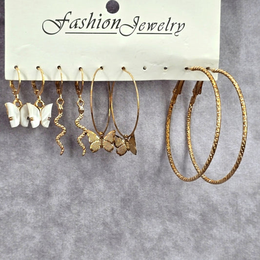 Gold Butterfly Snake Set of 4 Hoop Dangle Long Earrings Fashion Jewelry JB2-4