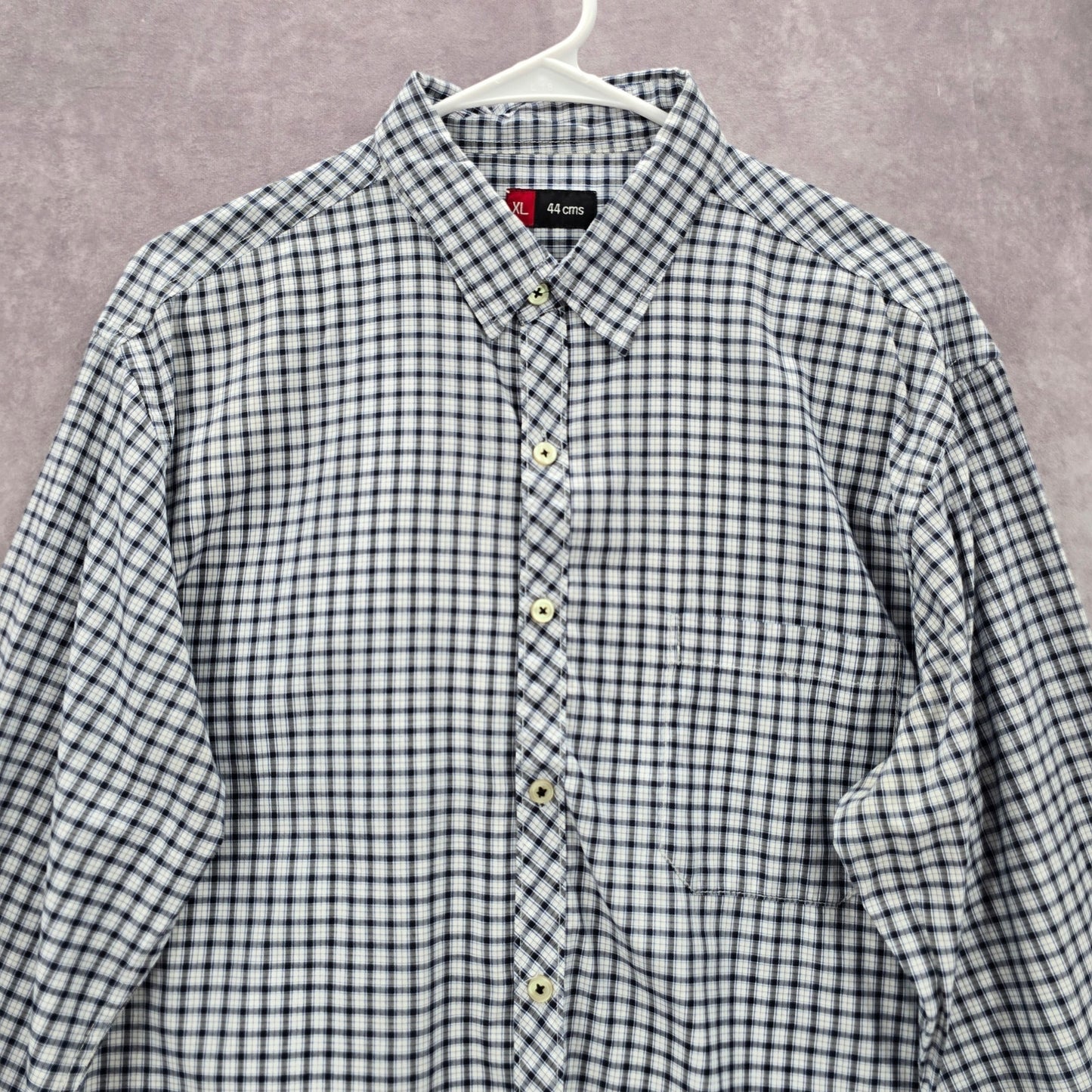 White Blue Checker Plaid Button Down Long Sleeve Mens Shirt XL Extra Large