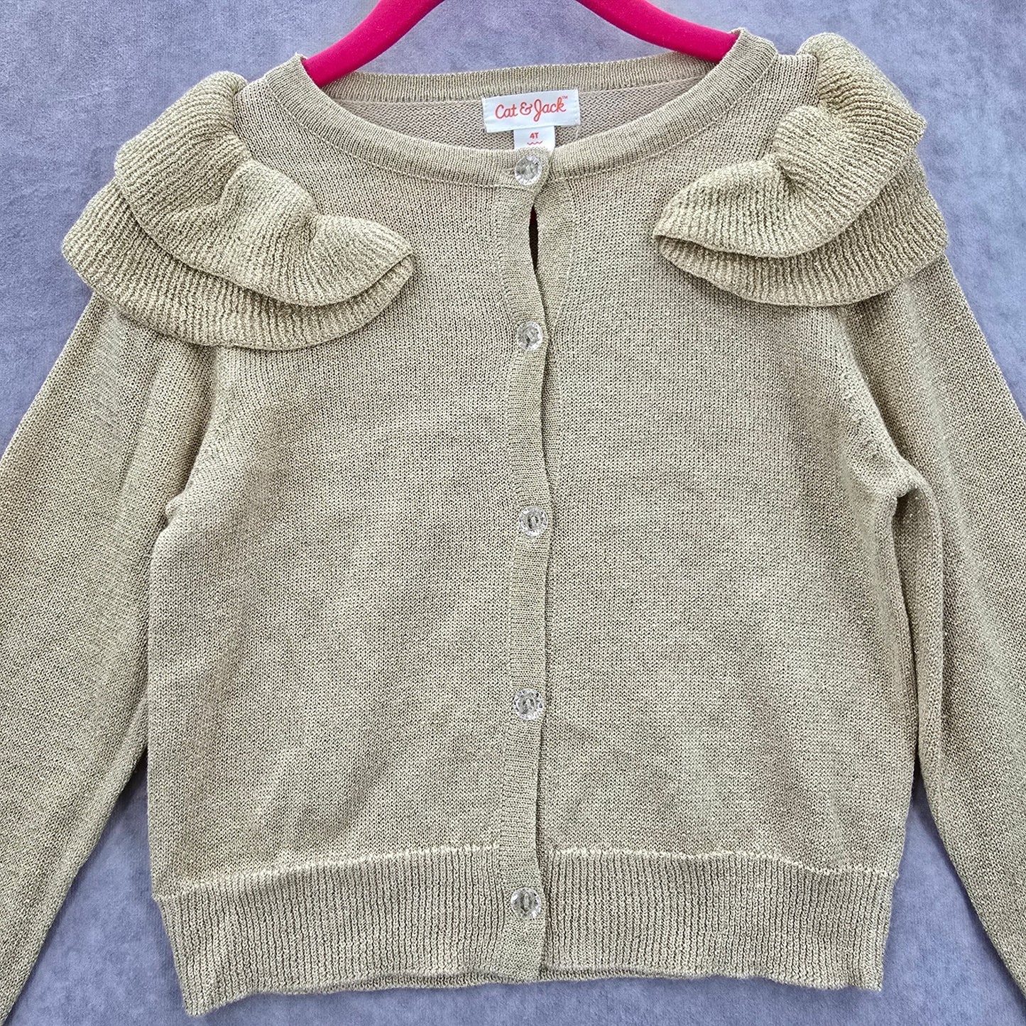 Cat & Jack Gold Metallic Button Ruffle Cardigan Holiday Sweater Girls Toddler 4T