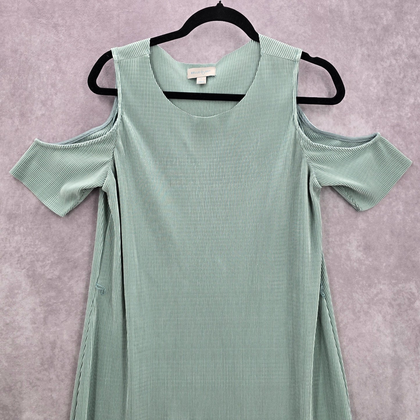 Belle Sky Green Mint Pleated Cold Short Shoulder Knee Length Boho Dress Large