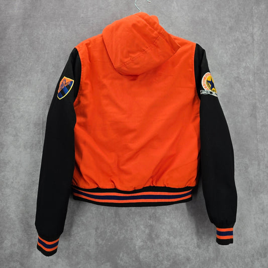Red Fox Orange Black Varsity Puffer Hood Vintage Y2K Bomber Jacket Coat Medium M