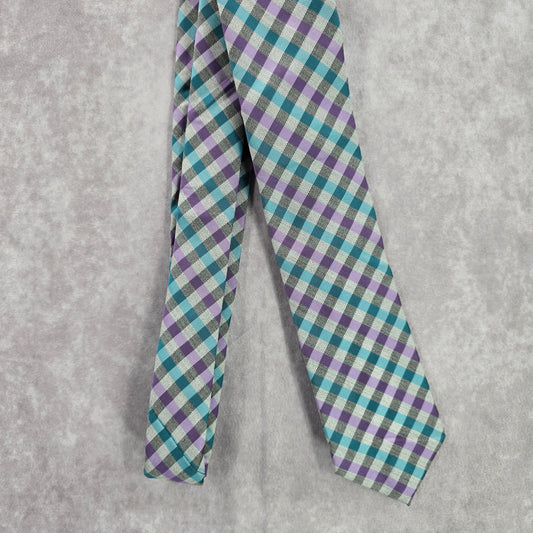 JF J. Ferrar Gray Purple Blue Plaid Tartan Checker Men's Neck Tie NWOT