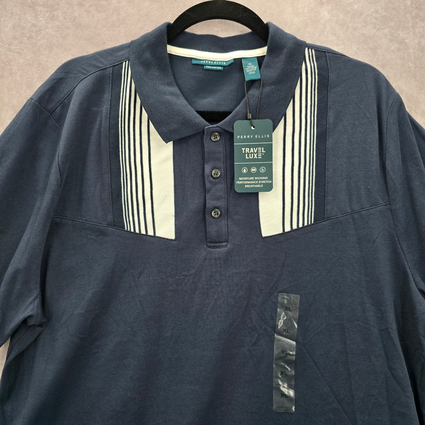 Perry Ellis Blue Stripe Polo Pima Cotton Preppy Travel Luxe Mens Shirt Top XL