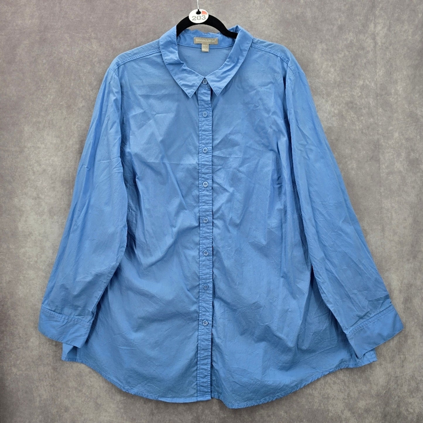 203. Woman Within Blue Button Down Flare Long Sleeve Cotton Top Plus 2X
